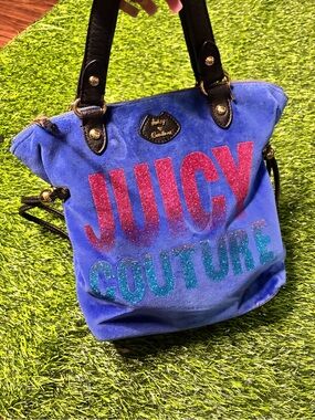Juicy Couture Blue Suede Tote with Pink and Teal Glitter Logo